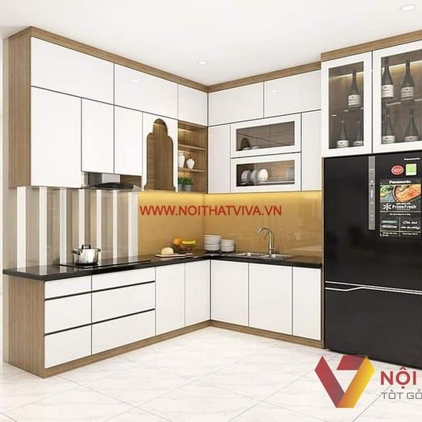 Tủ bếp MDF sơn màu xanh nhẹ nhàng