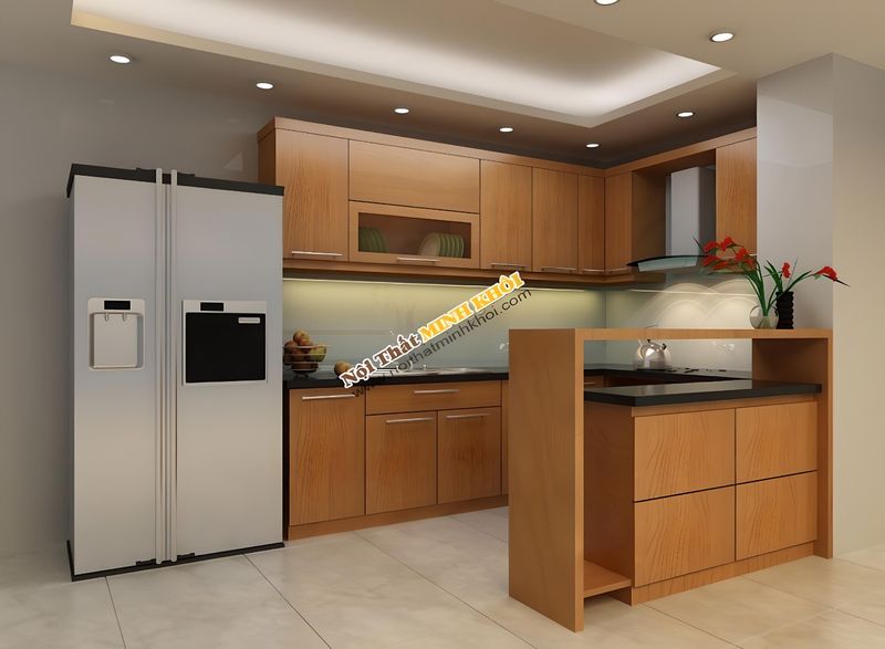 Mẫu tủ bếp MDF vân gỗ soi tự nhiên