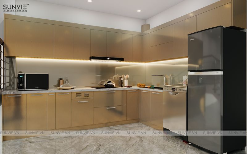 Tủ Bếp Chung Cư Đẳng Cấp 5 Tủ bếp kết hợp kính cường lực và gỗ tự nhiên