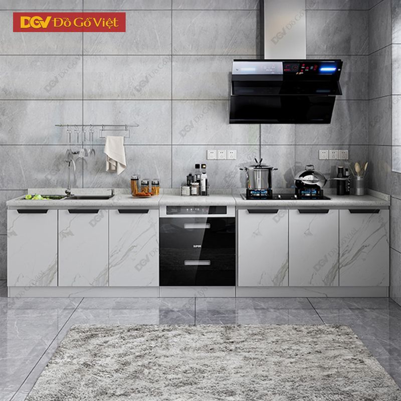 Hệ tủ bếp dưới chữ I gỗ MDF màu trắng cho nhà bếp nhỏ