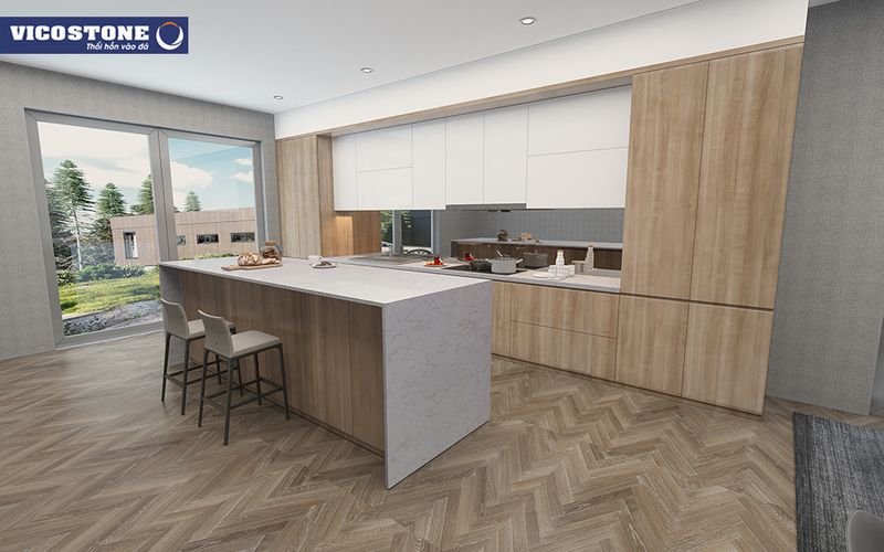Tủ bếp mặt gỗ tự nhiên sơn trắng