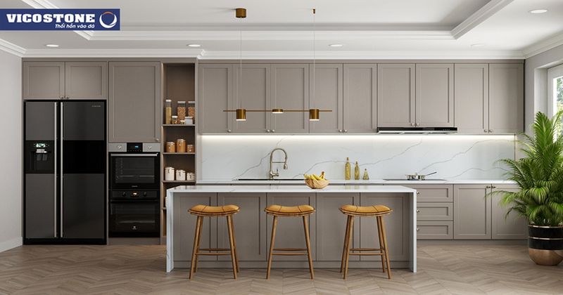 Tủ bếp kết hợp vật liệu đá