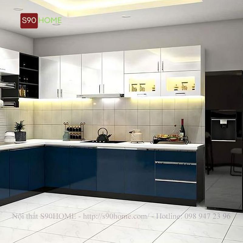 Tủ bếp MDF màu trắng sáng, thiết kế hiện đại
