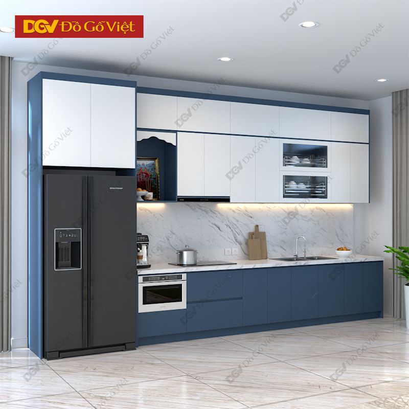 Tủ bếp chữ I màu xám phối cảnh trang trí hiện đại