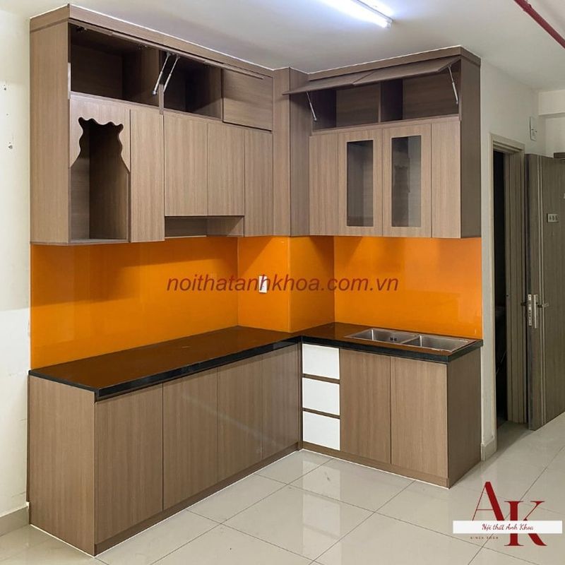 Tủ bếp đẹp gỗ MDF chống ẩm tối giản hiện đại
