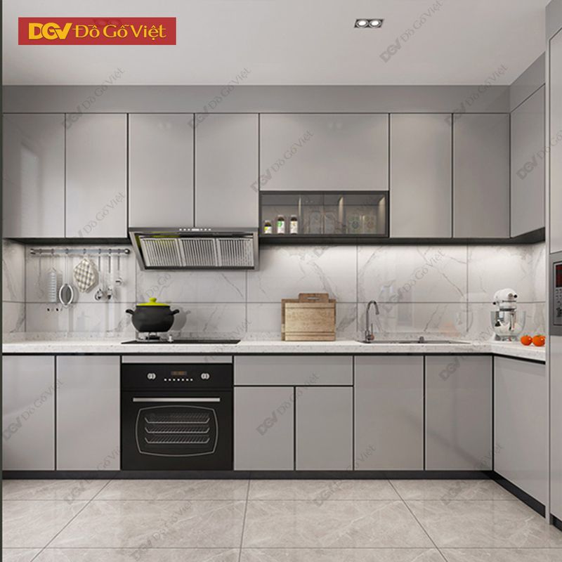 Tủ bếp gỗ công nghiệp màu xám bạc kiểu chữ L sang bên đẹp