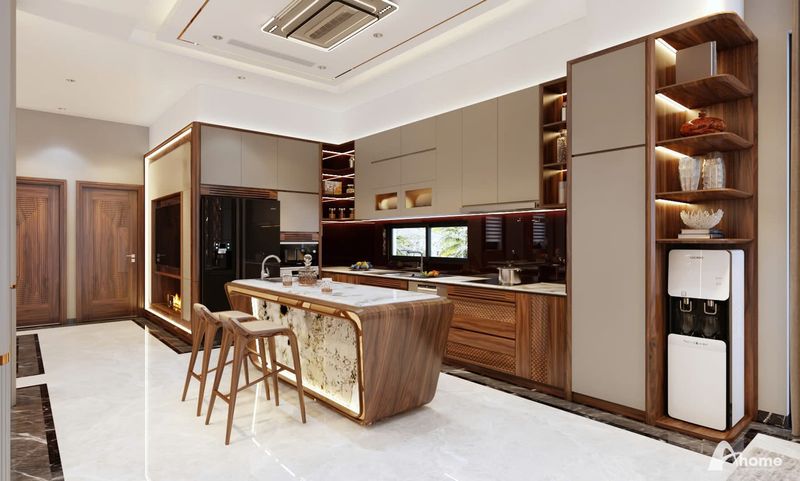 Tủ Bếp Chung Cư Phong Cách Luxury 10 Tủ bếp gỗ óc chó mạ vàng