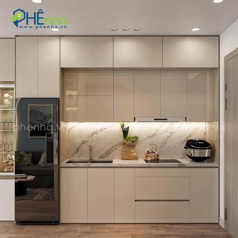 mẫu tủ bếp MDF màu be phong cách hiện đại